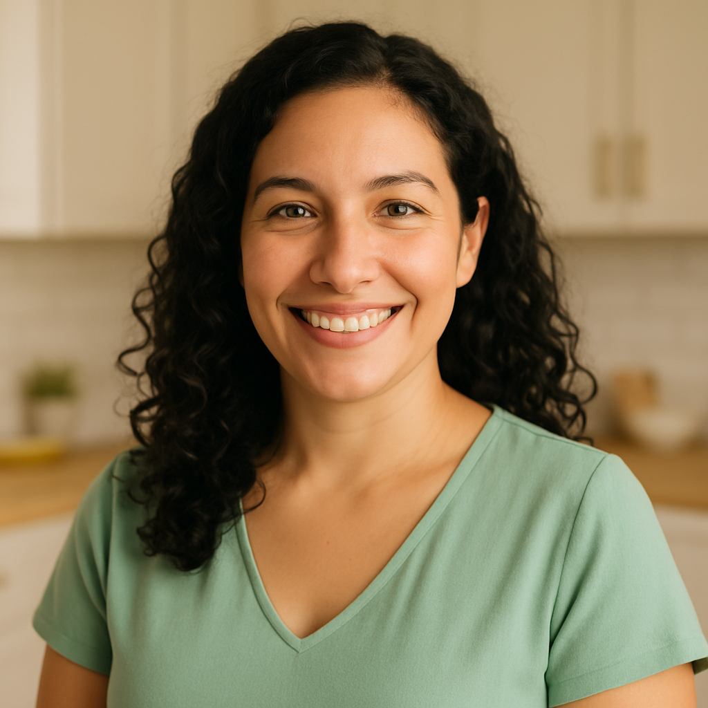 Mujer latina de 35 años con cabello oscuro y rizado, sonriendo, vestida con blusa verde claro, fondo de cocina luminosa