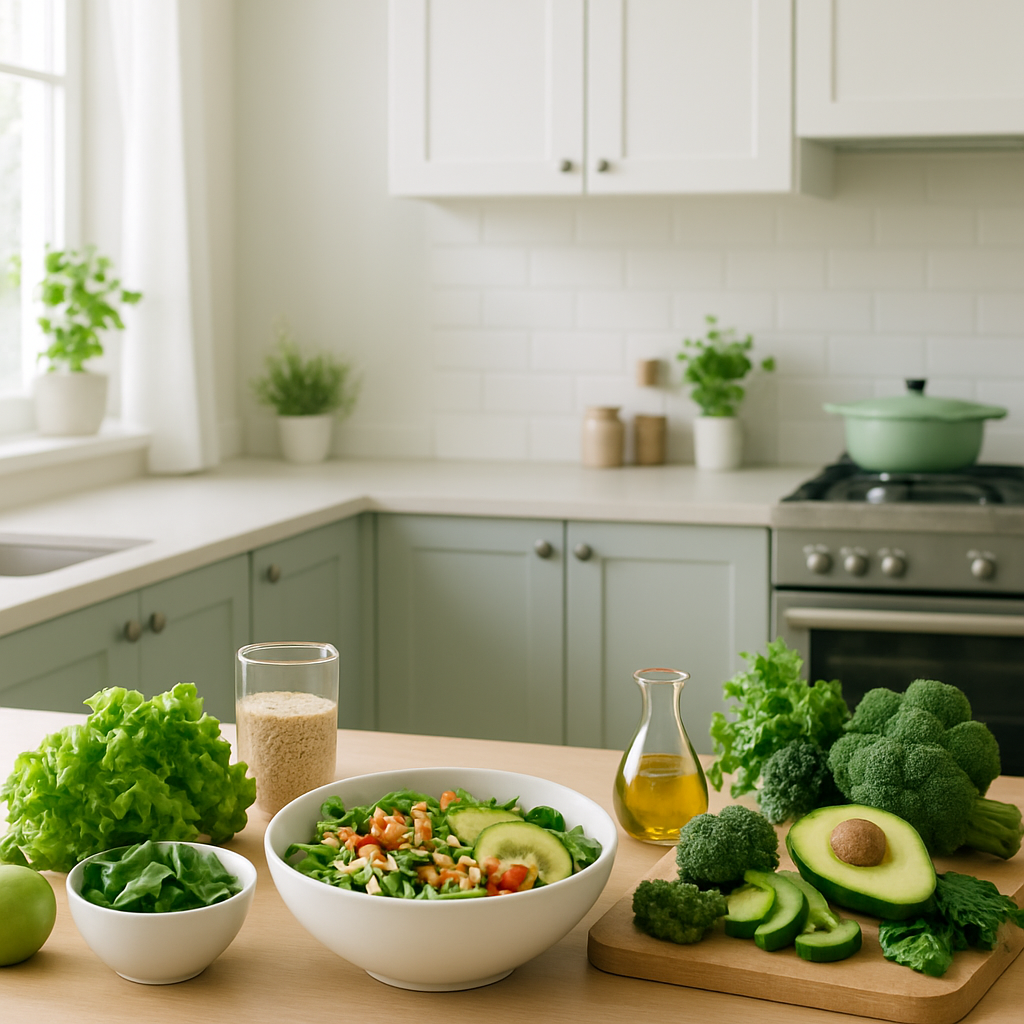 Hombre adulto hispanohablante preparando un bowl saludable con vegetales y proteínas en una cocina luminosa y ordenada