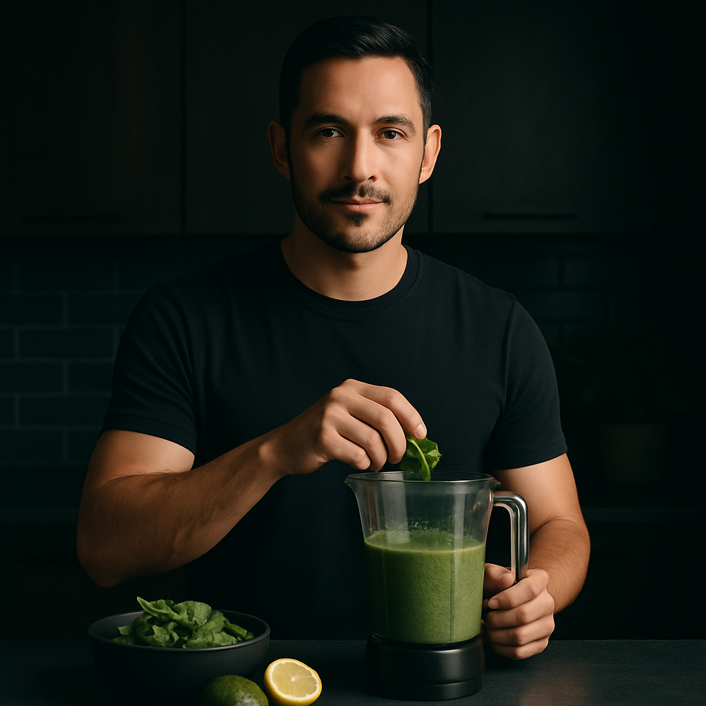 Hombre adulto hispanohablante preparando un bowl saludable con vegetales y proteínas en una cocina luminosa y ordenada