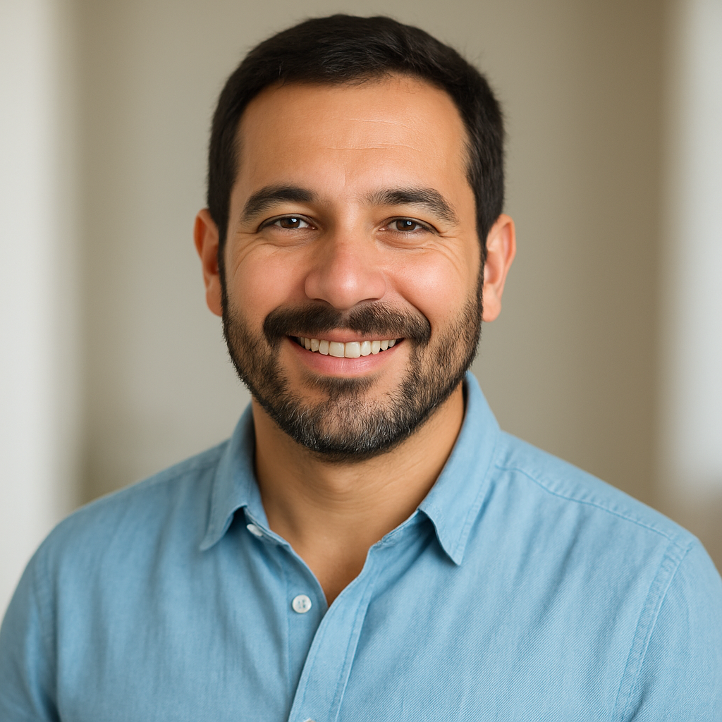 Hombre latino de 42 años con barba corta y cabello castaño, camisa azul claro, sonrisa relajada, fondo neutro
