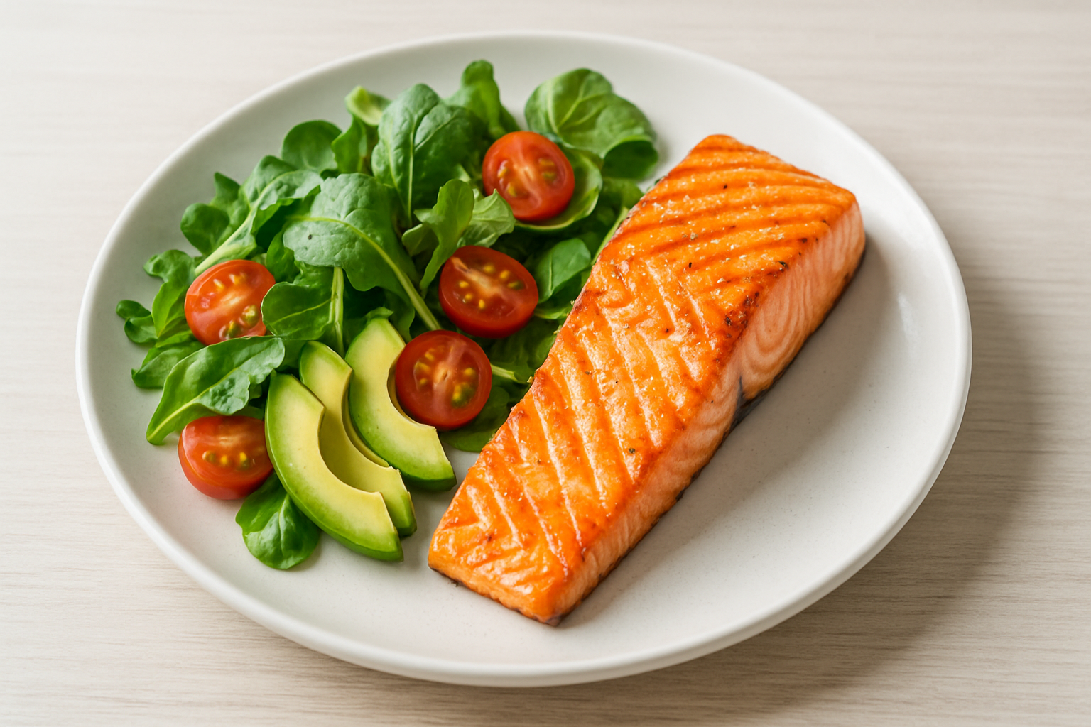 Receta saludable presentada en un plato moderno, con vegetales frescos y proteínas magras, iluminación natural y estética limpia