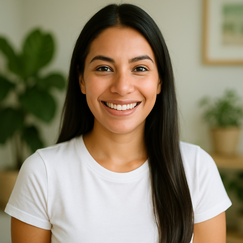 Mujer latina de 29 años con cabello largo y liso, camiseta blanca, sonrisa amplia, fondo con plantas verdes