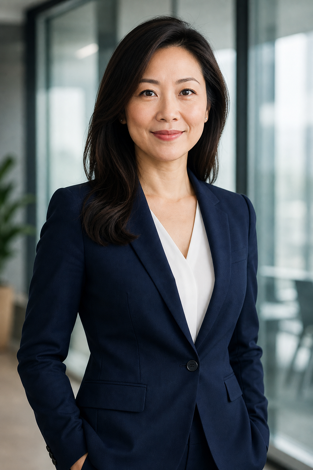 Amelia Chen, a senior management consultant in a navy blazer with a confident professional expression in a modern office portrait