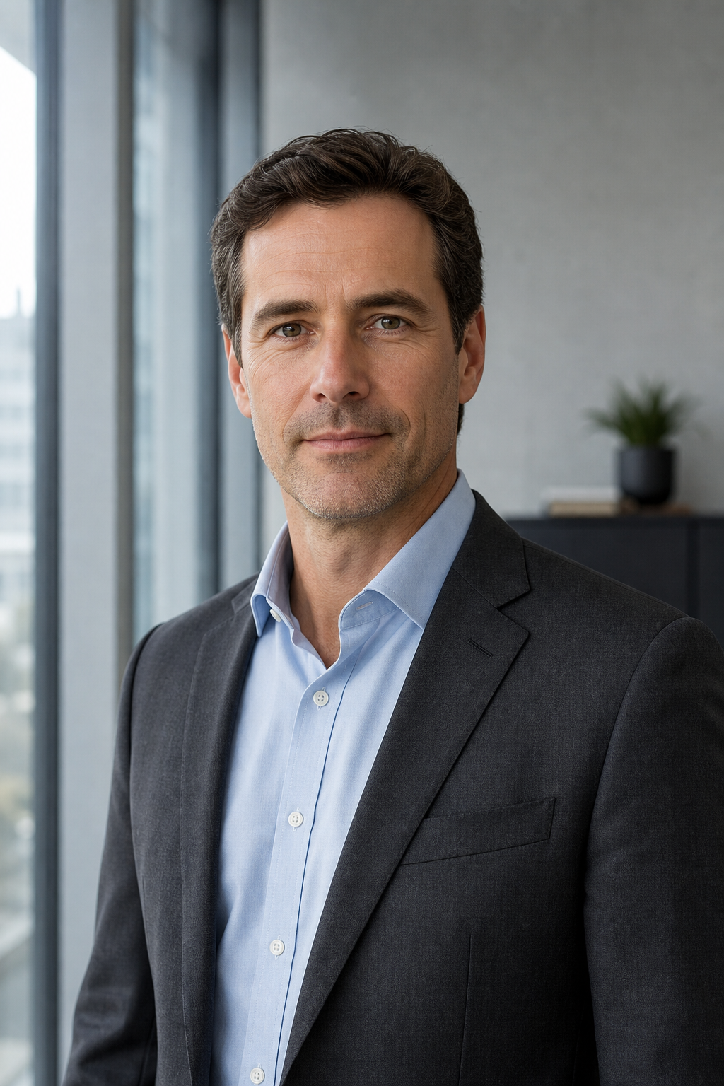 Daniel Morris, an operations consulting leader in a charcoal suit with a composed expression against a neutral corporate background