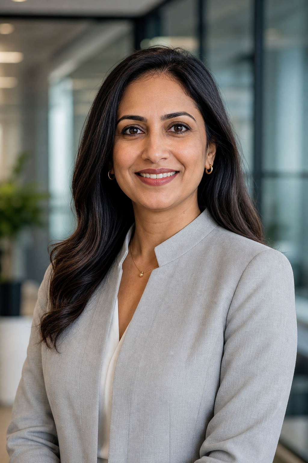 Priya Kapoor, a business advisory consultant in a light gray jacket, warm professional smile, photographed in a contemporary office setting