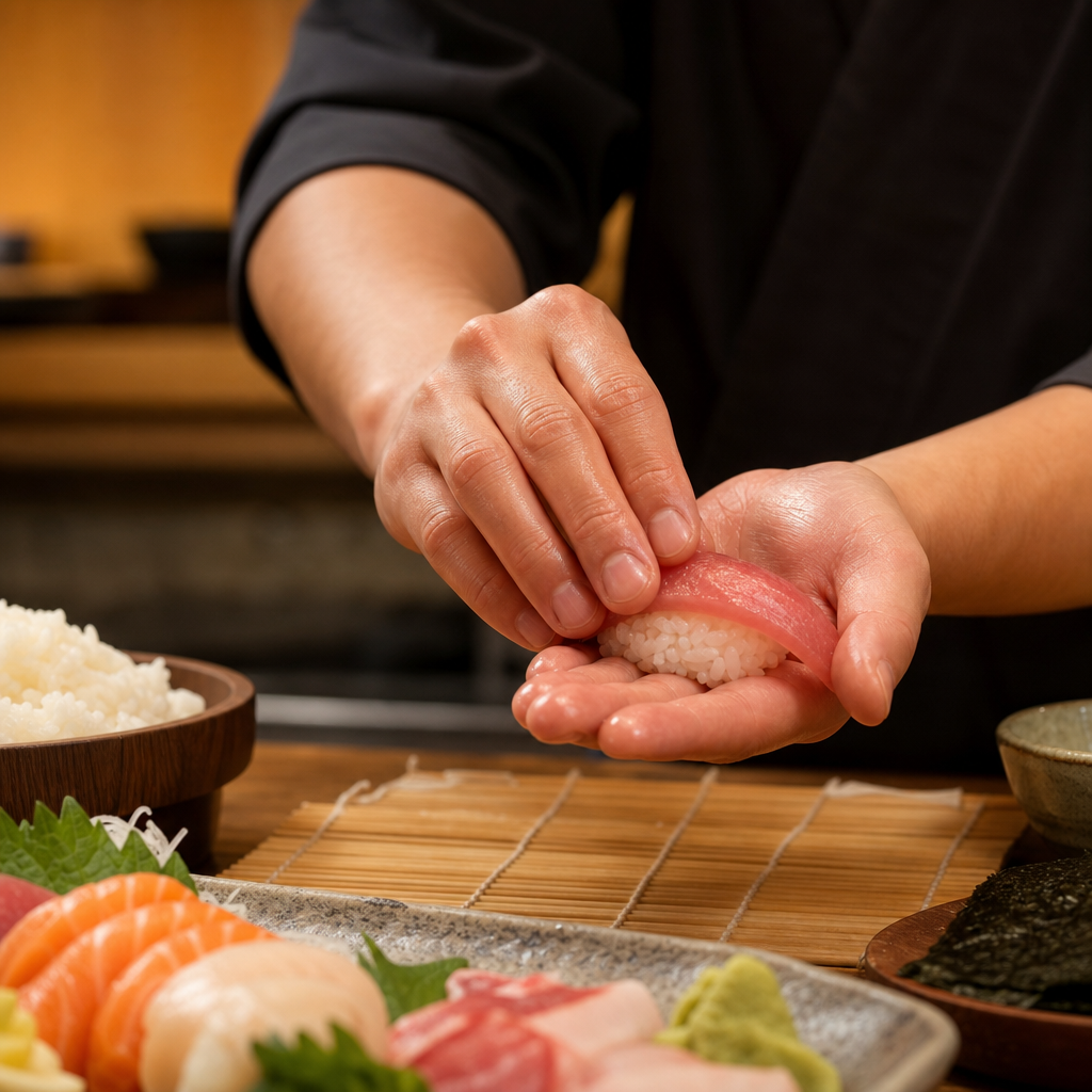 Close-up of chef hands shaping a piece of nigiri over a bamboo mat with fresh ingredients