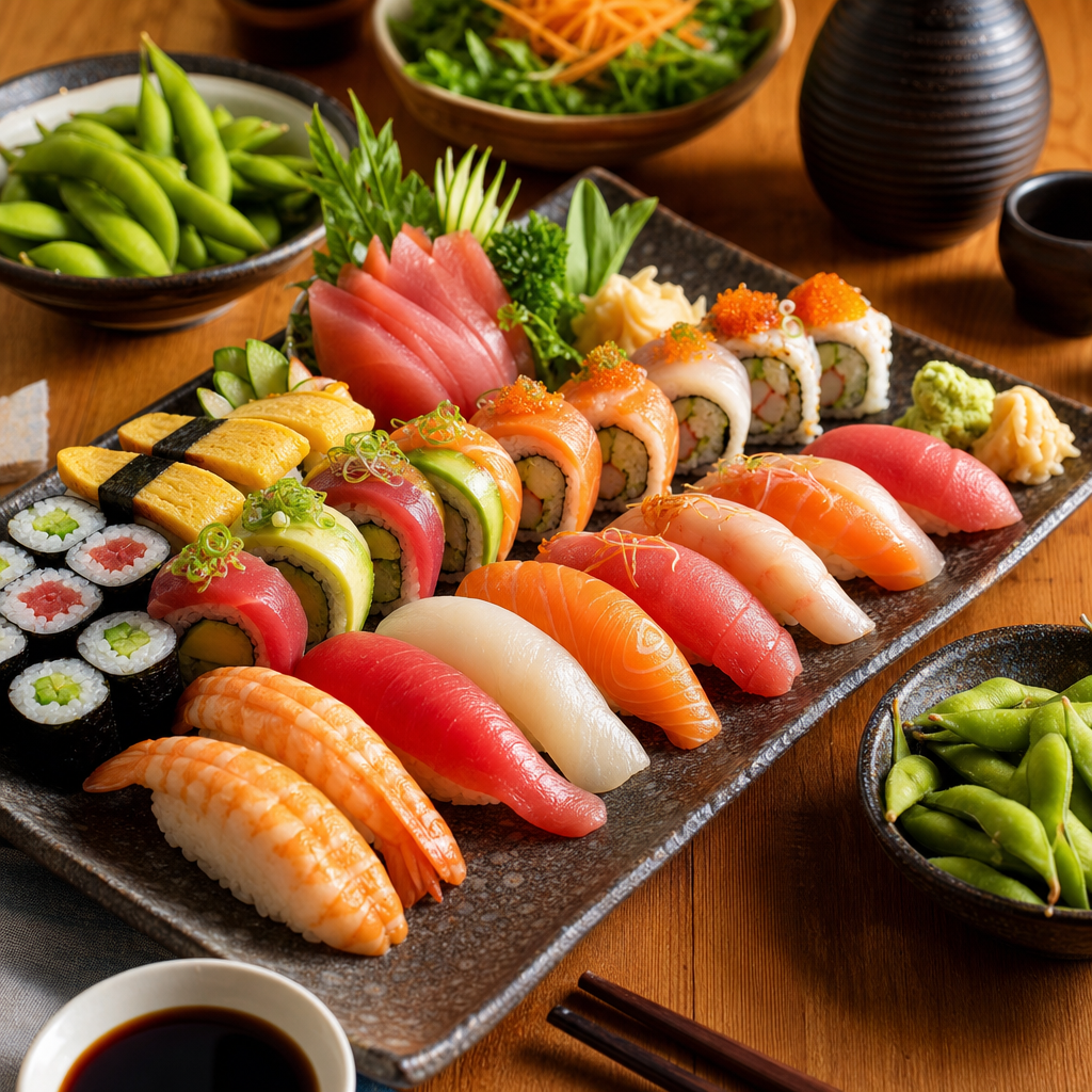 Family sushi set with assorted nigiri, rainbow rolls, edamame, and dipping sauces on a wooden table