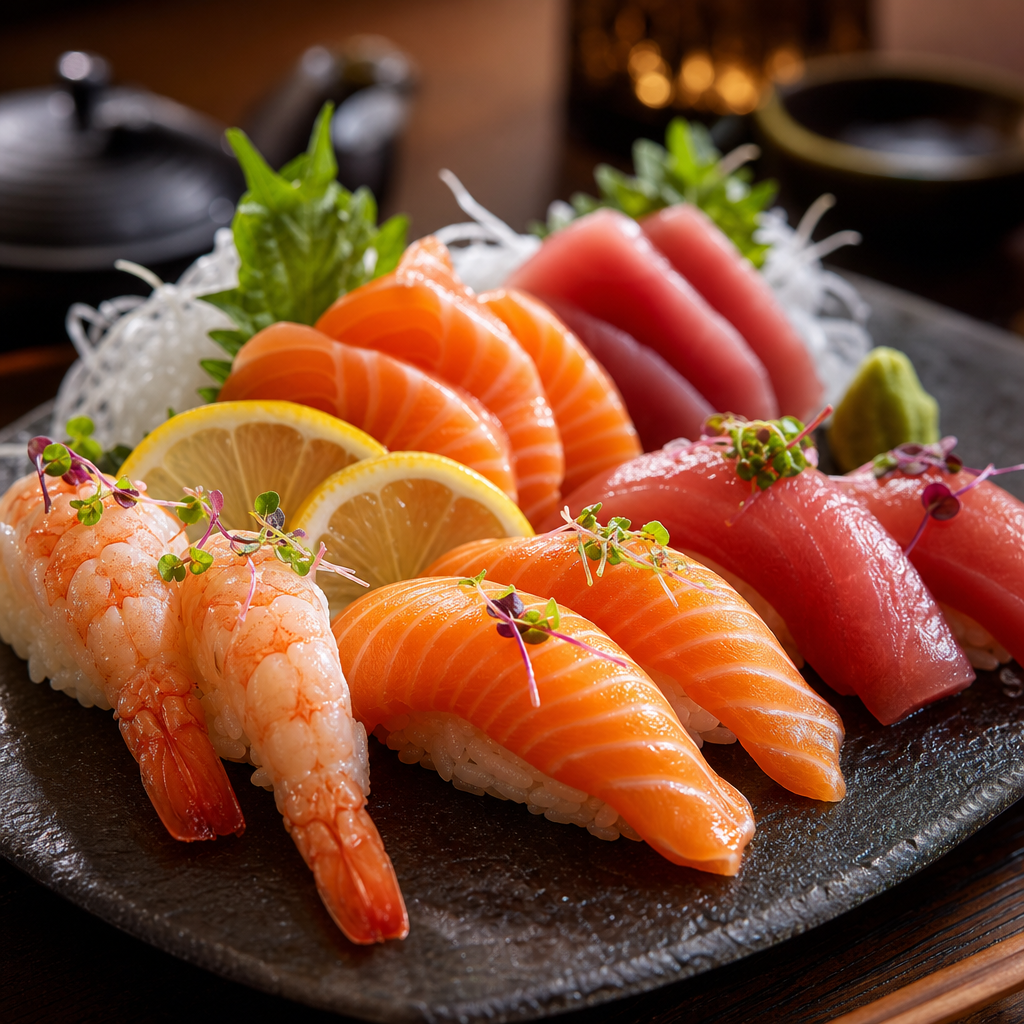 Chef-prepared nigiri and sashimi platter with salmon, tuna, and shrimp on a dark stone plate