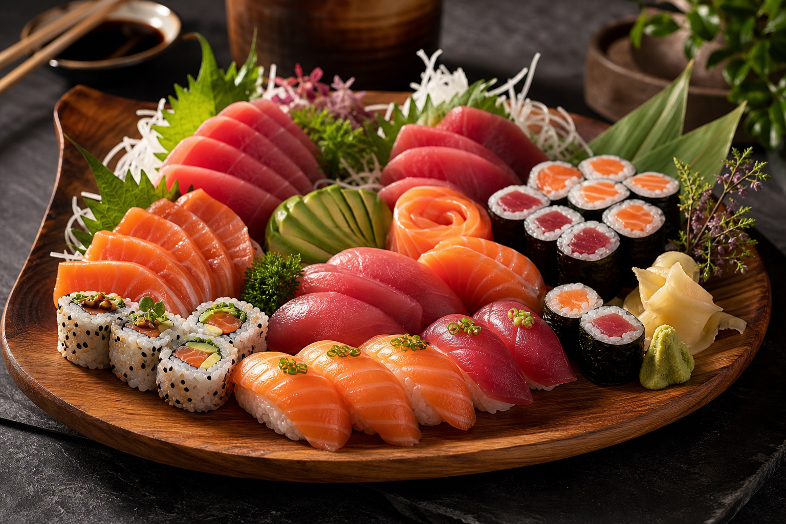 Large wooden platter of assorted sushi and sashimi with salmon, tuna, and avocado, styled on a dark stone surface