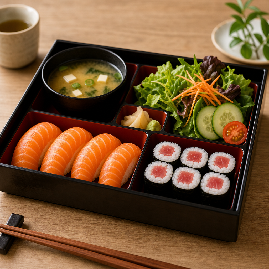 Bento-style lunch combo with salmon nigiri, tuna maki, miso soup, and a small salad in a lacquered box