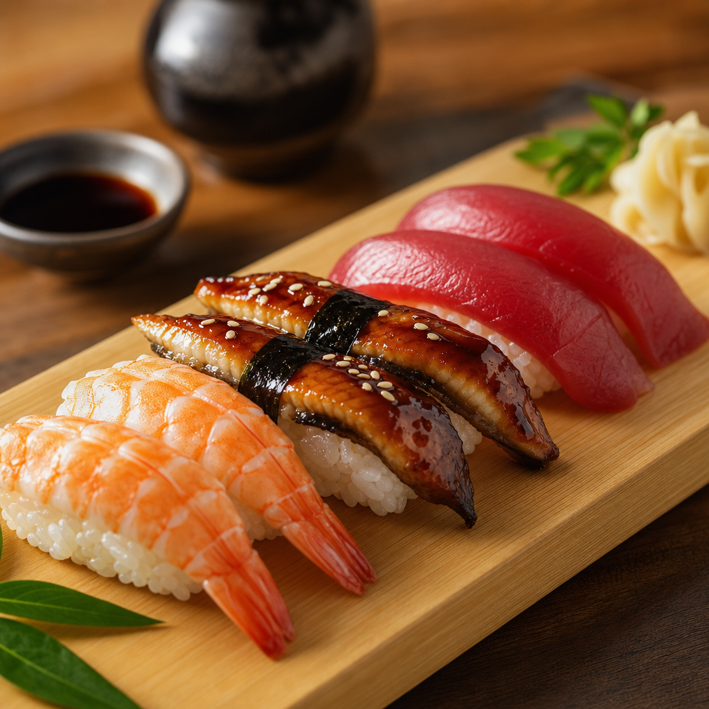 Nigiri lineup with shrimp, eel, and tuna over glossy rice on a wooden board