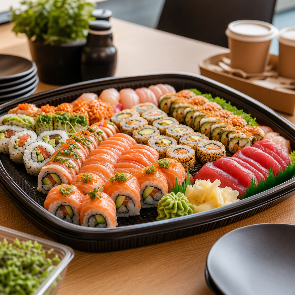 Large office sushi platter with assorted rolls, sashimi, ginger, and wasabi in a sleek catering tray
