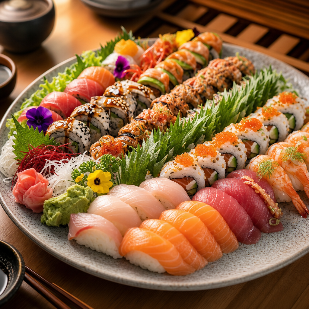 Large sushi platter with mixed rolls, nigiri, and garnishes on a ceramic tray