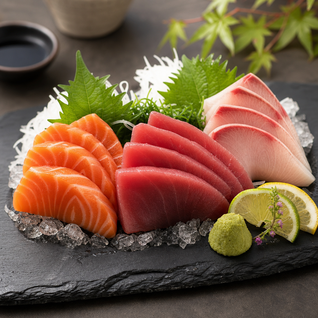 Assorted sashimi slices of salmon, tuna, and yellowtail arranged on a chilled slate