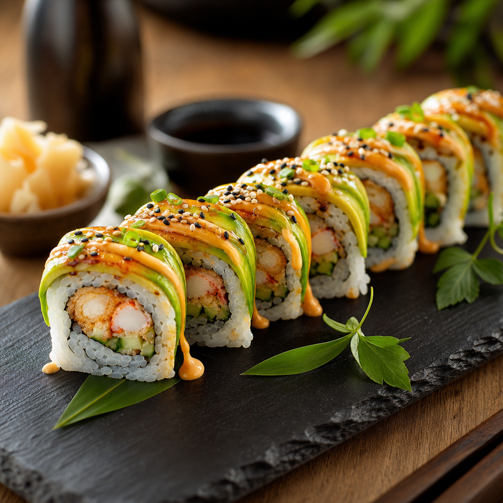 Platter of glossy signature sushi rolls topped with avocado, sesame seeds, and spicy mayo