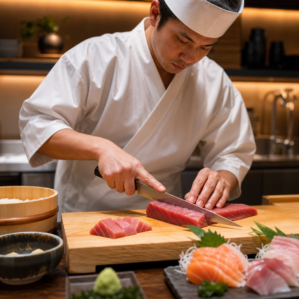 Skilled sushi chef slicing fresh fish on a wooden board with precise knife work