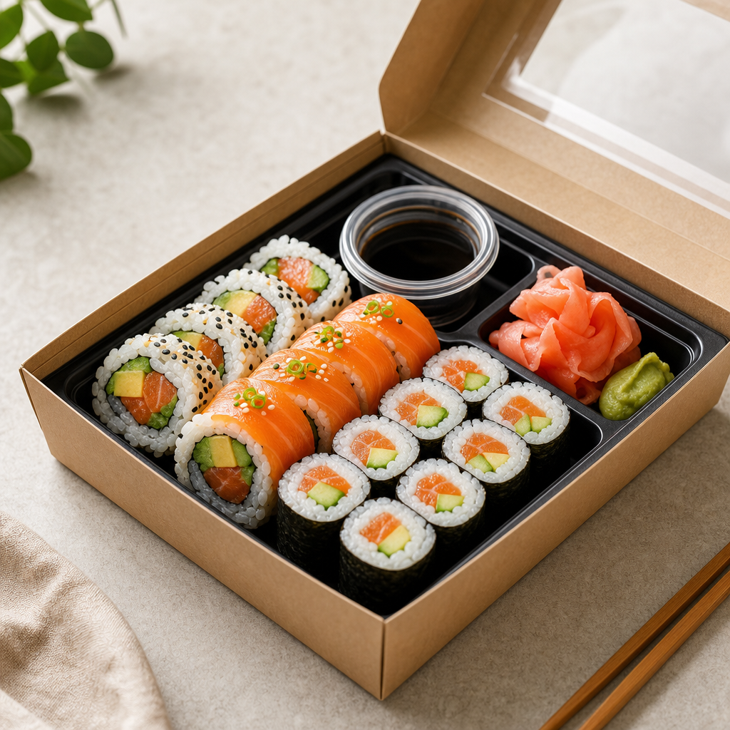 Takeaway bento box with neatly arranged sushi rolls, pickled ginger, and soy cup