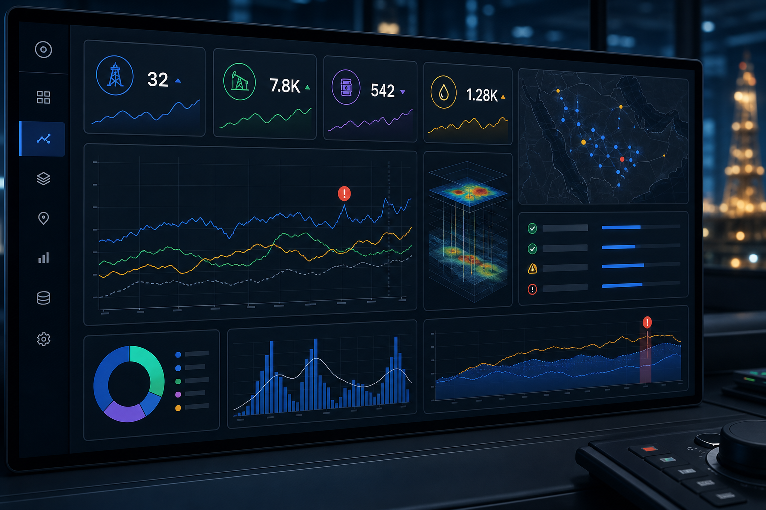Executive subsurface decision dashboard with clean charts, well performance trends, and anomaly alerts on a dark console interface