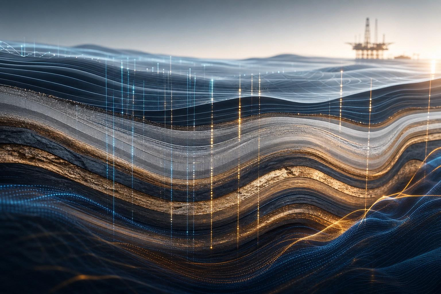 Abstract premium visualization of layered subsurface strata and energy data lines in a sleek technical style