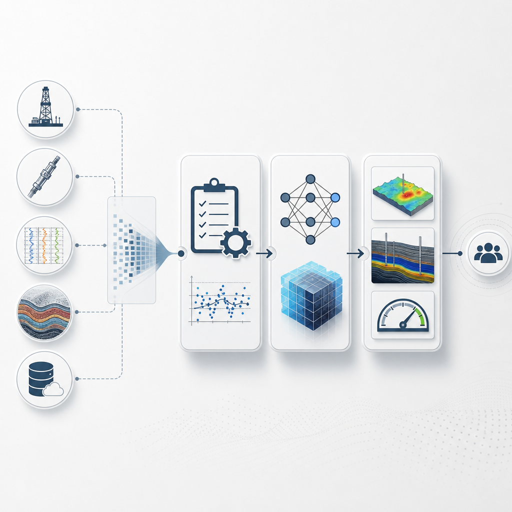 Minimal technical workflow diagram showing data ingestion, QC automation, AI modeling, and decision outputs