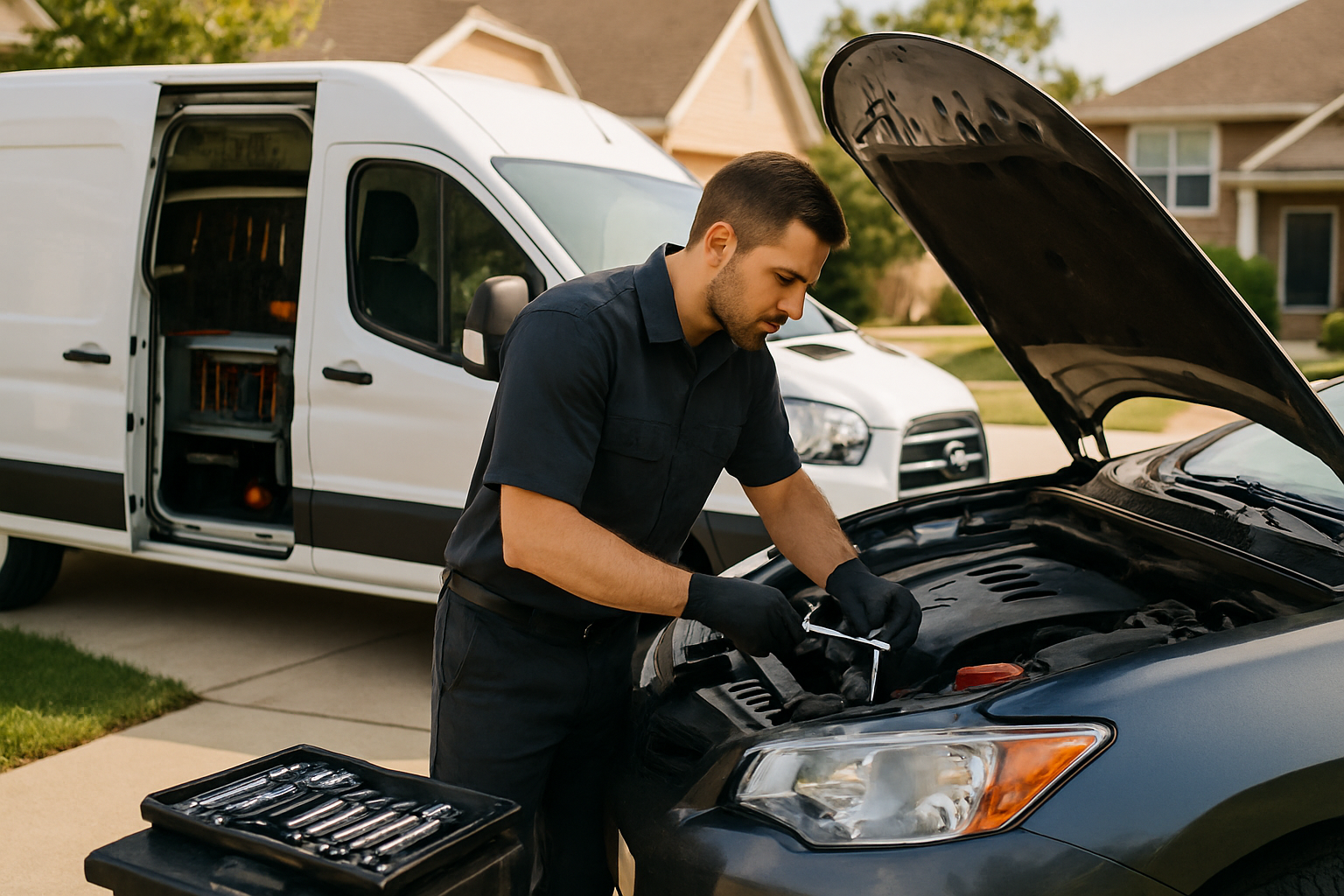 Mobile auto mechanic working beside a service van in a residential driveway, conveying trustworthy on-site automotive repair