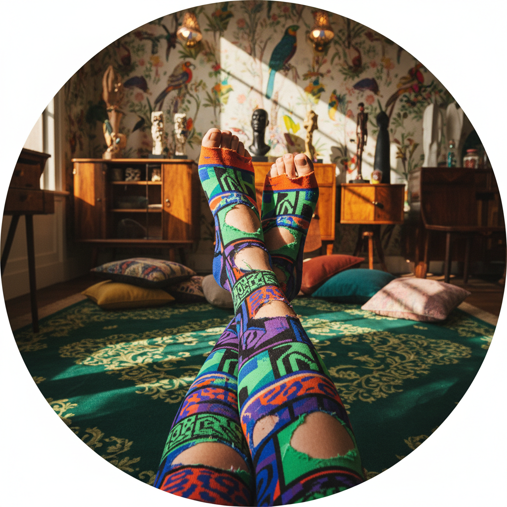 Photorealistic, large, round image of legs with toes sticking out through ragged holes at the bottom of colorful socks, seen from a new angle or resting on a uniquely styled, boutique background for visual variety. Toes and holes are clear and dramatic, warm and inviting style, soft carpet beneath or vibrant boutique setting.