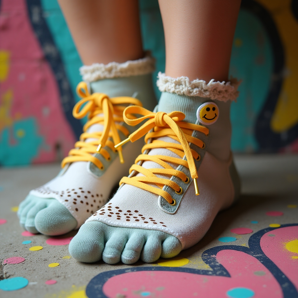 Photorealistic closeup of a youthful leg with a sock featuring stylish mesh-like, authentically ragged holes at the toe and foot area, with toes poking through the holes. The sock has a smiley face patch and bright laces, set on a fun, graffiti-splashed background, playful and breathable vibe.