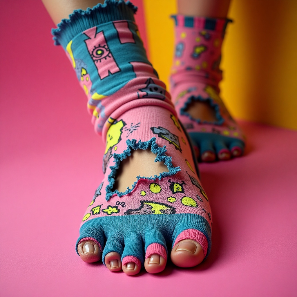 Photorealistic closeup of a leg wearing a trendy, bold sock with authentically frayed, ragged large holes at the toe area, with several toes poking out through the holes. The sock has neon trim and doodle patches. The scene is set on a vibrant pop background, fashion-forward and rebellious vibe.
