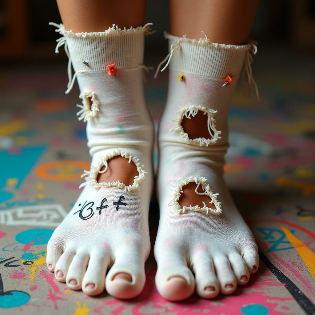 Photorealistic closeup of legs wearing socks with creative, irregular, authentically frayed holes clustered near the toes, several toes poking out through the ragged holes. The socks are accented with safety pins and graffiti-style doodles, set on a playful, youthful backdrop, energetic and urban feel.