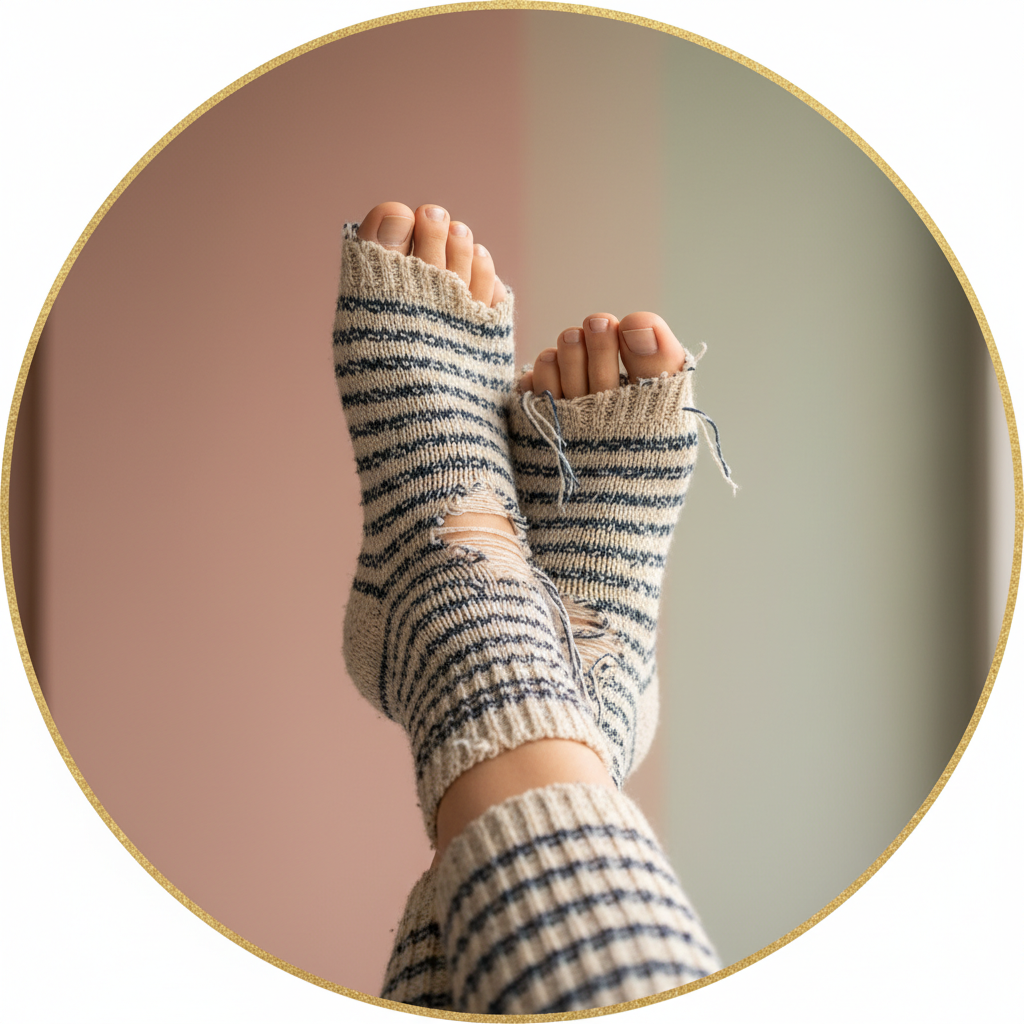 Photorealistic, large, round image of relaxed, fashionable legs with subtle striped socks, authentically frayed and ragged holes at the bottom, and real toes playfully sticking out. Soft, inviting boutique lighting and a modern, gentle color background. The holes and toes are clearly visible, real, and inviting.