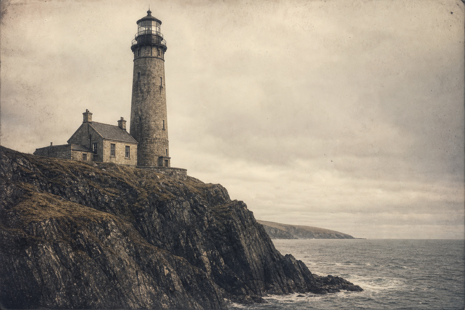 Large-format archival photograph of a stone lighthouse on a rugged northern cliff under overcast skies