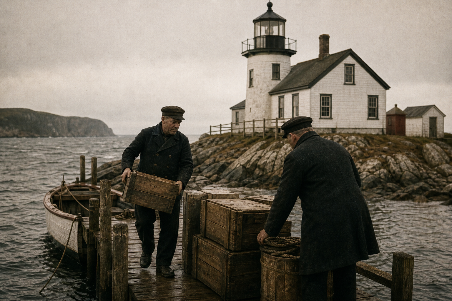 Archival image of two lighthouse keepers unloading crates at a timber dock beside a lantern house
