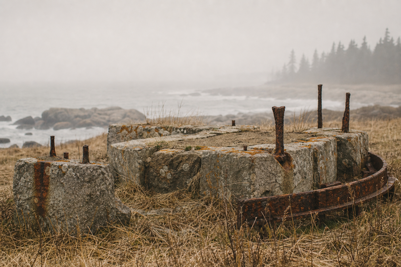 Recent preservation photograph showing weathered lighthouse foundation stones with coastal grass and sea fog
