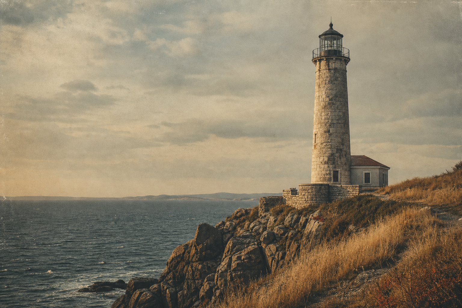 Aurora Point Light on a grassy cliff above a cold northern sea under late afternoon haze