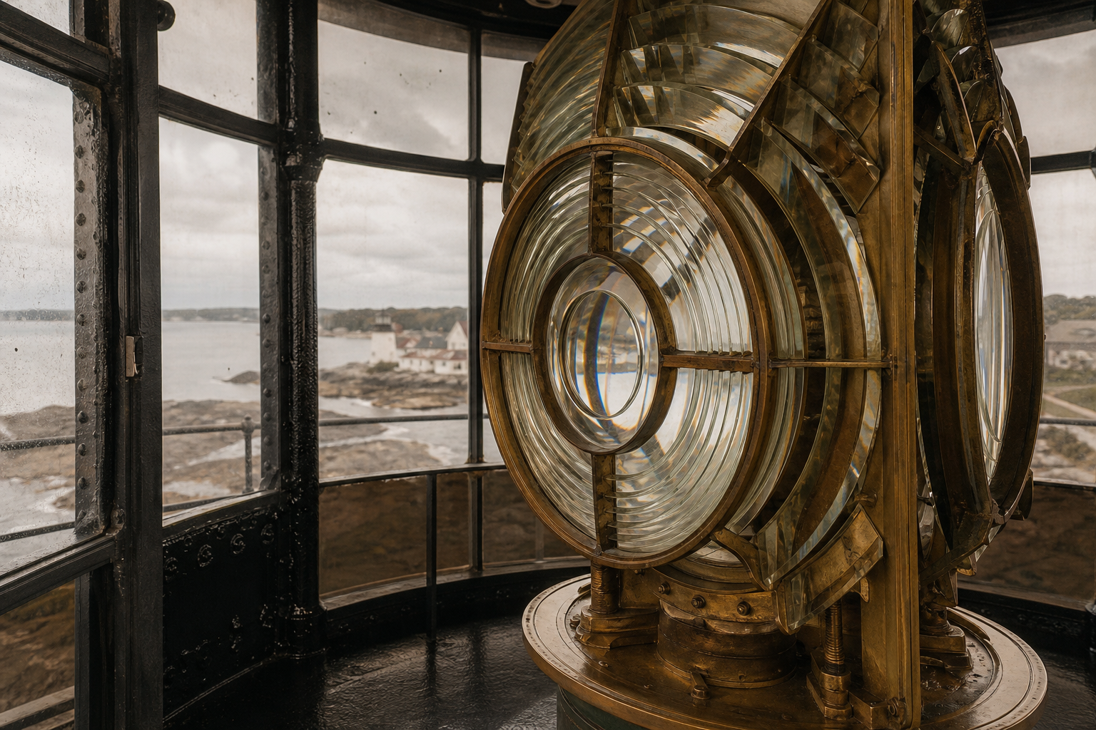 Interior lantern room with brass lens segments and weathered iron framing at Brinecliff