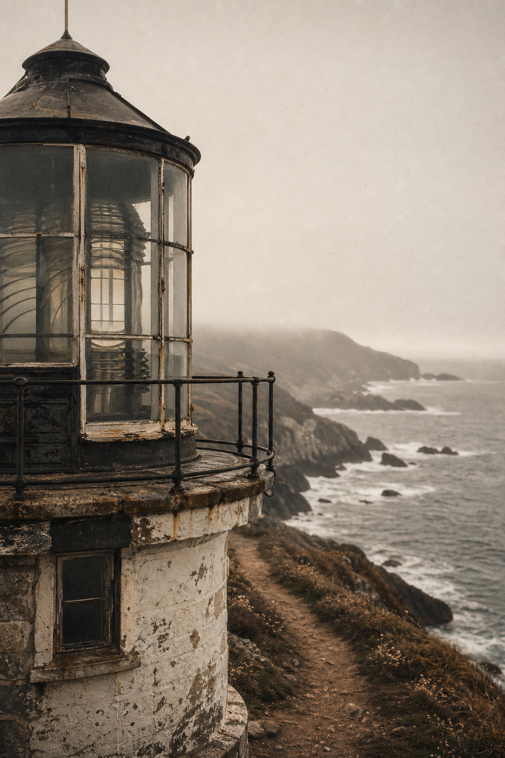 Archival coastal detail showing a weathered lighthouse lantern room and rail above a windswept cliff path