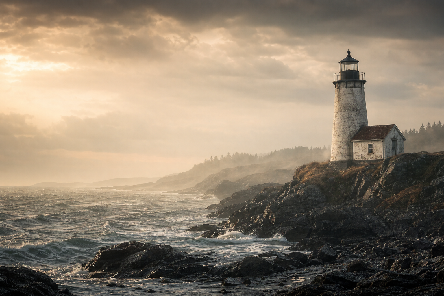 Weathered stone lighthouse on the northern coast, sea mist drifting across dark water under soft golden-overcast evening light