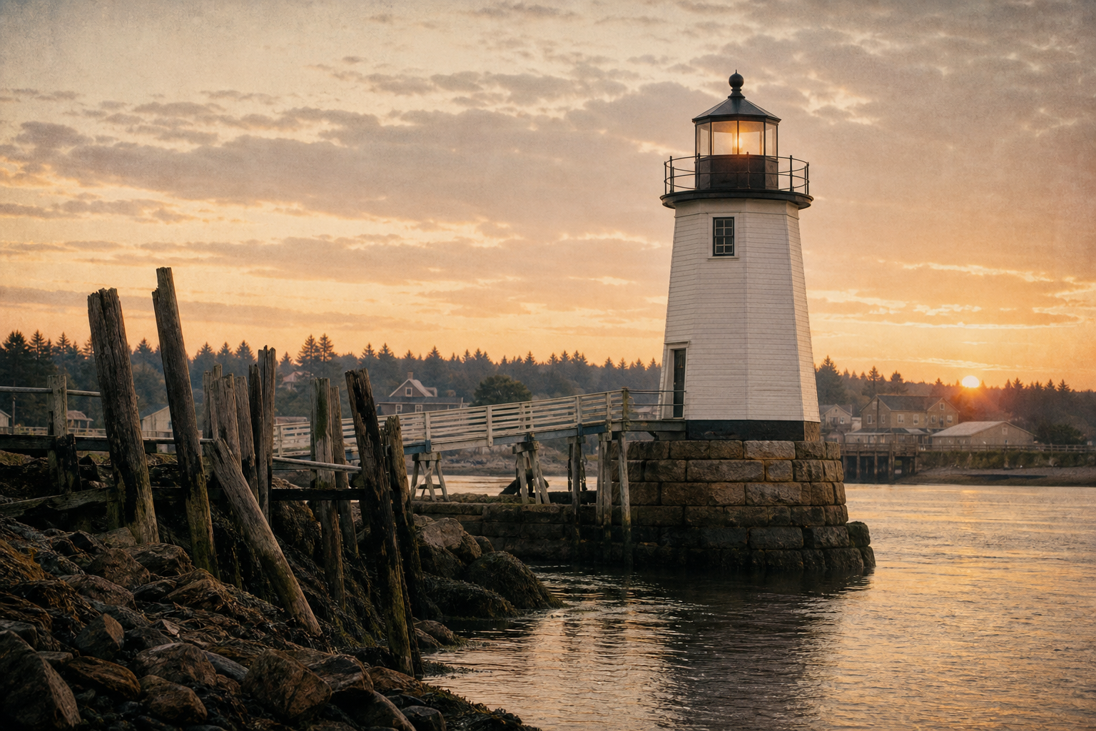 Compact harbor beacon beside timber pier posts and tide-worn stones at dawn