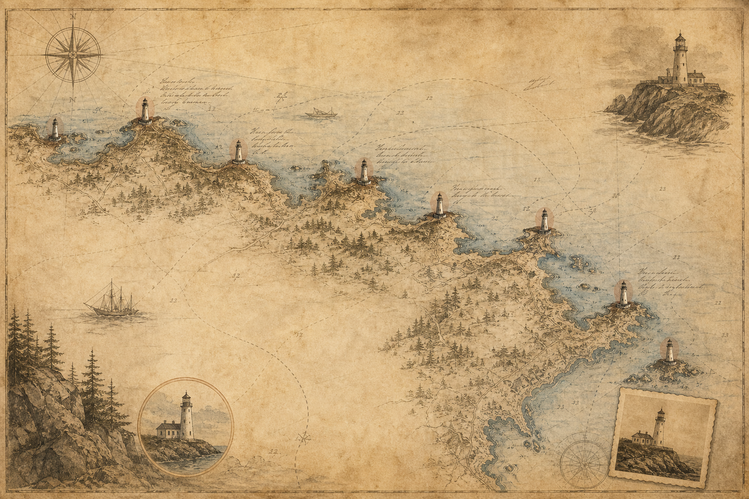 Historic-style coastal map of the northern shoreline with preserved lighthouse markers, route traces, and handwritten-style notation
