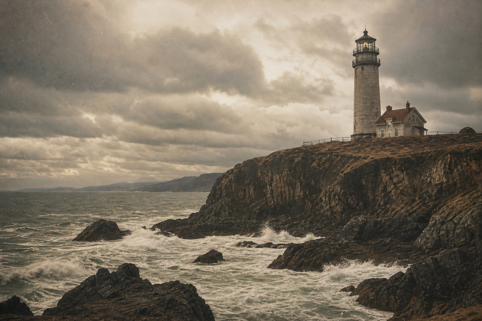 Stormwatch Head lighthouse standing above dark surf with windblown clouds and stone revetment