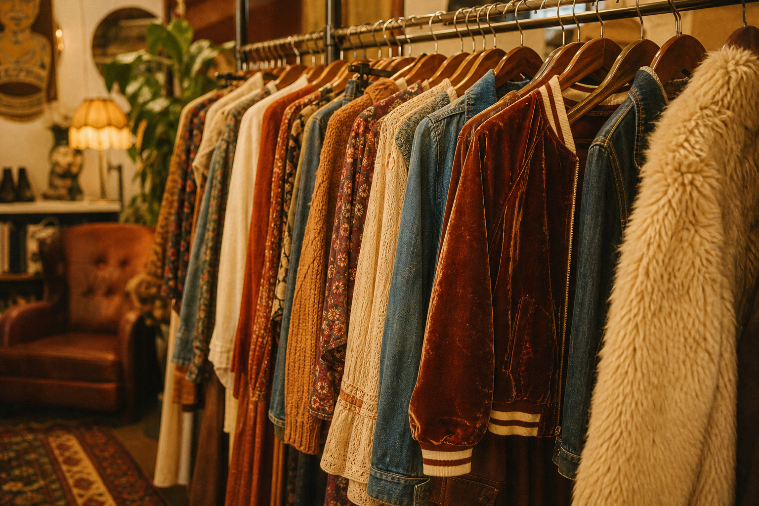 Warmly lit vintage clothing rack with 70s and 80s jackets, dresses, and knits in earthy tones