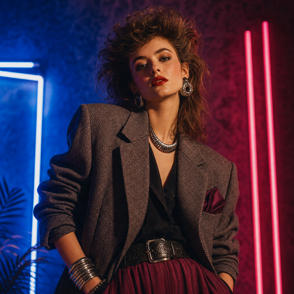 Bold 1980s look with structured blazer, metallic accents, and vibrant neon-lit studio backdrop