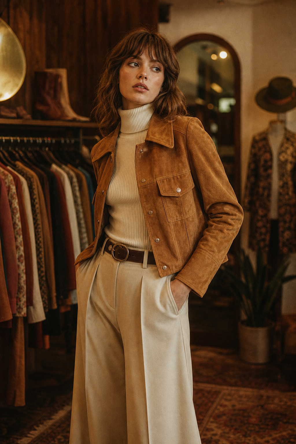 Model in a caramel suede 70s jacket with a cream turtleneck and wide-leg trousers, styled in a softly lit boutique space