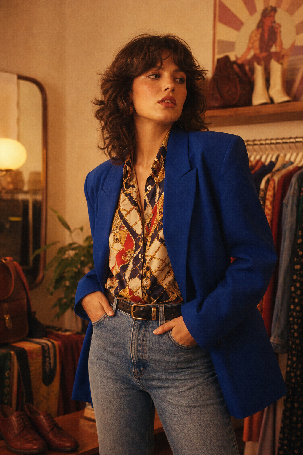 Model in an 80s cobalt blazer with a patterned silk blouse and high-waist jeans, captured with warm editorial lighting