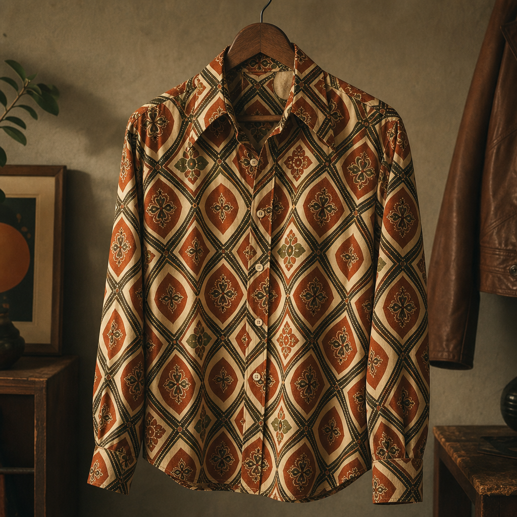 Vintage patterned button-up shirt with geometric 70s print in rust, cream, and olive