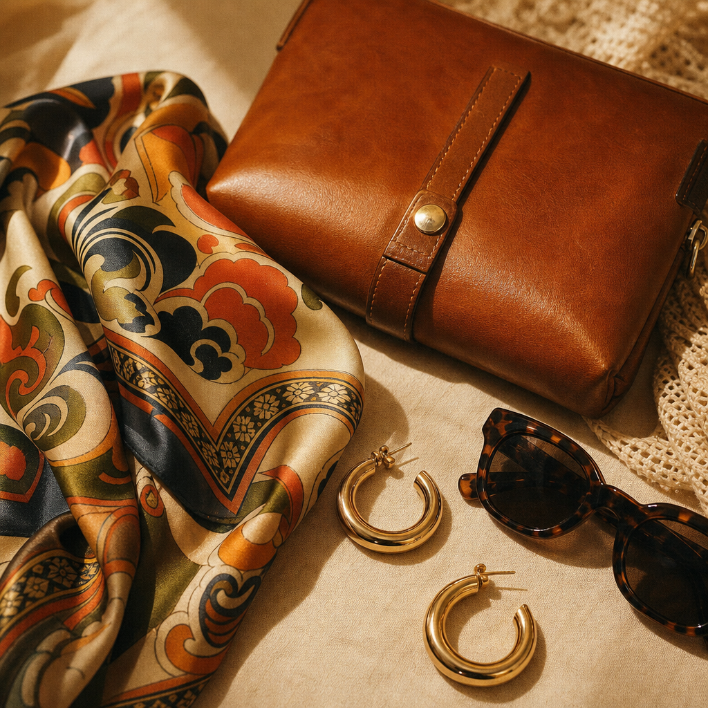 Assorted retro accessories including gold hoop earrings, a silk scarf, and a compact leather clutch