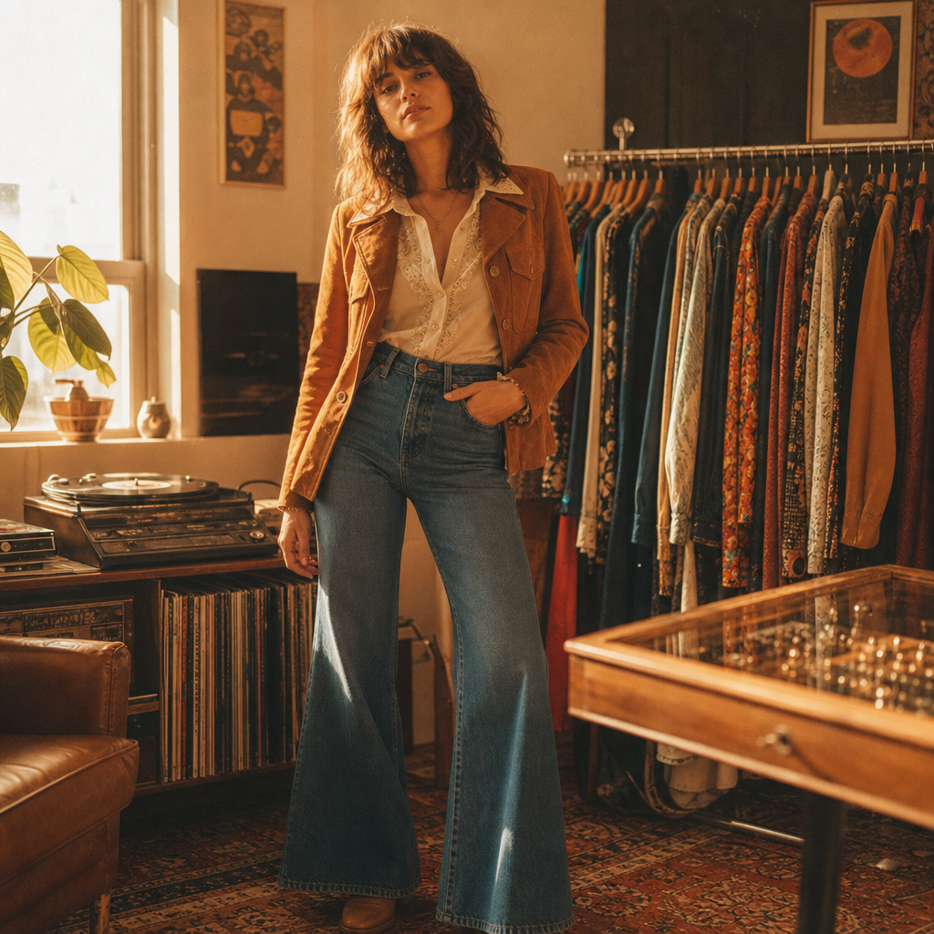 Woman in a warm-toned 1970s outfit with flared denim, suede jacket, and sunlit golden backdrop
