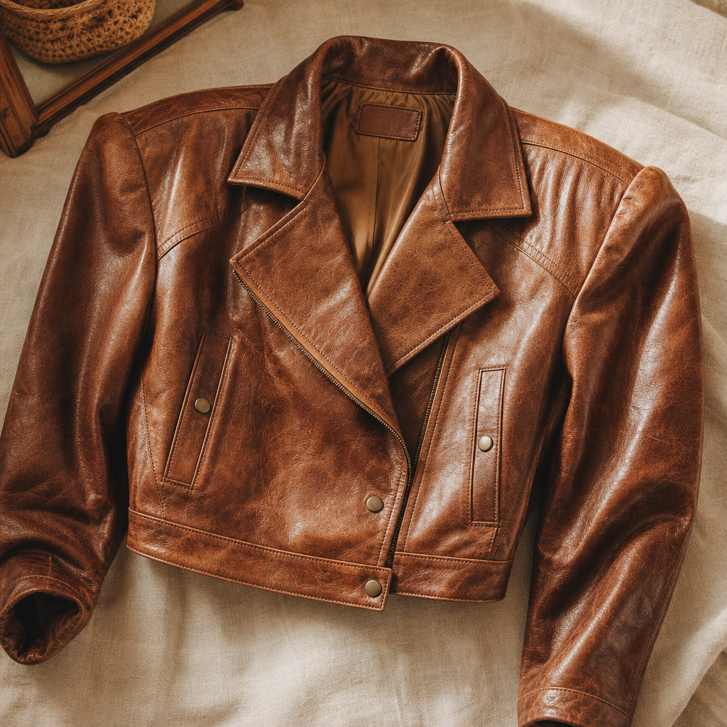 Cropped vintage leather jacket in rich caramel brown with exaggerated 80s shoulders