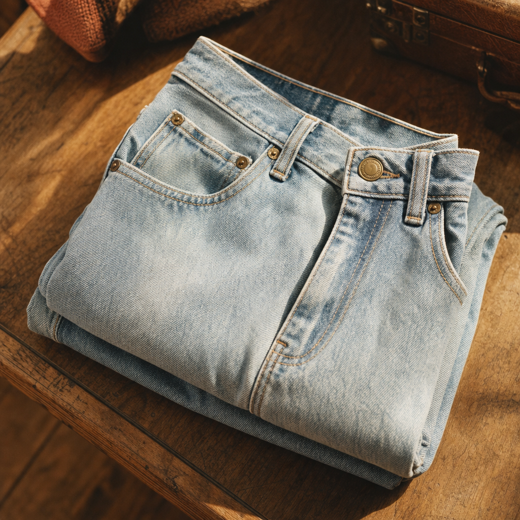 Folded light-wash vintage denim jeans with worn seams and brass buttons