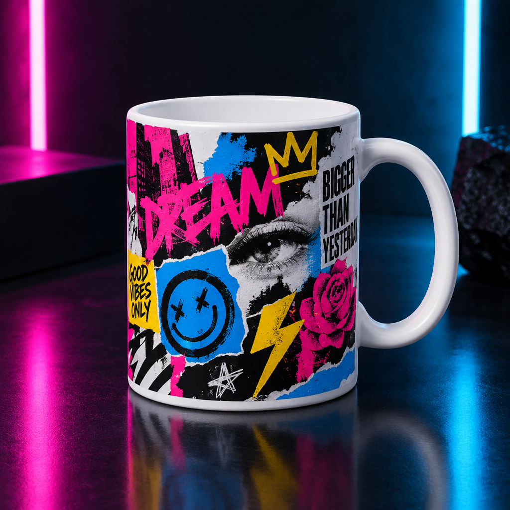 Matte white ceramic mug with colorful collage-style typography wrapping around the surface